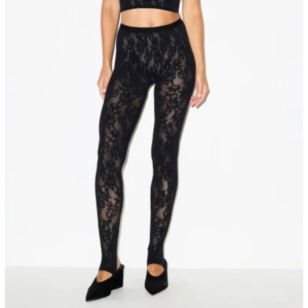 New SKIMS Knit Lace Stirrup Legging Womens 2X 3X Obsidian Black Sheer High Waist